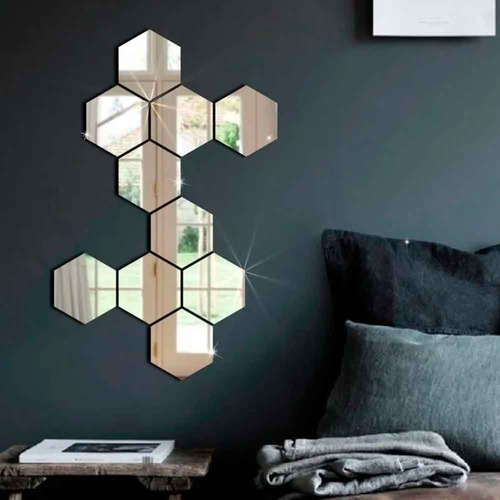 Espelho Em Acrílico De Decorativo Parede Hexagonal 50 Moldura Gold