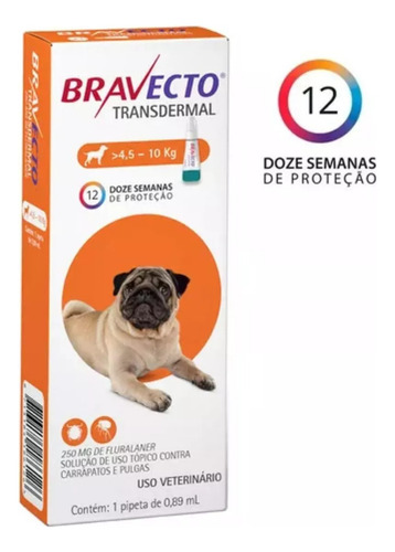 Bravecto Original 250mg Transdérmico Para Cães De 4,5 A 10kg Branco