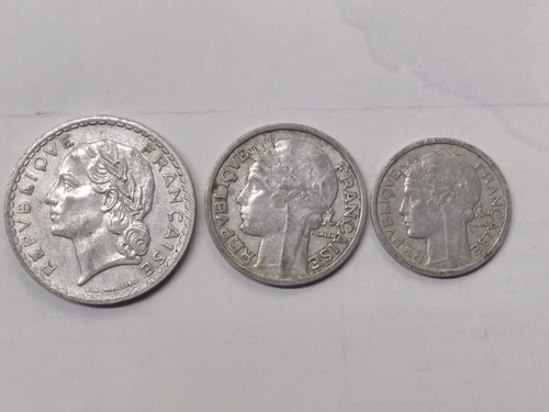  Monedas Francia 5, 2, Y 1 Franco Aluminio 3 Piezas Año 40's