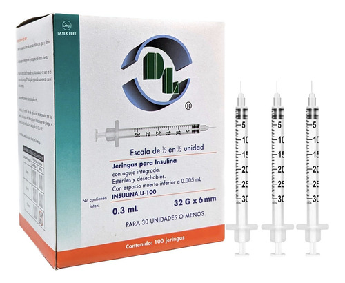Jeringa Para Insulina 0.3 Ml Aguja Extra Delgada Caja C/100 Capacidad en volumen 3 mL