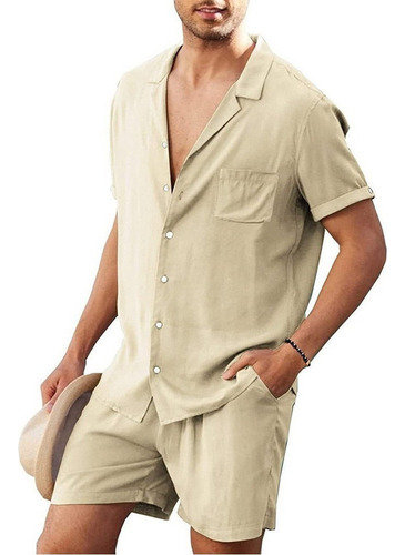 Conjunto Casual De Camisa Corta De Lino Para Hombre