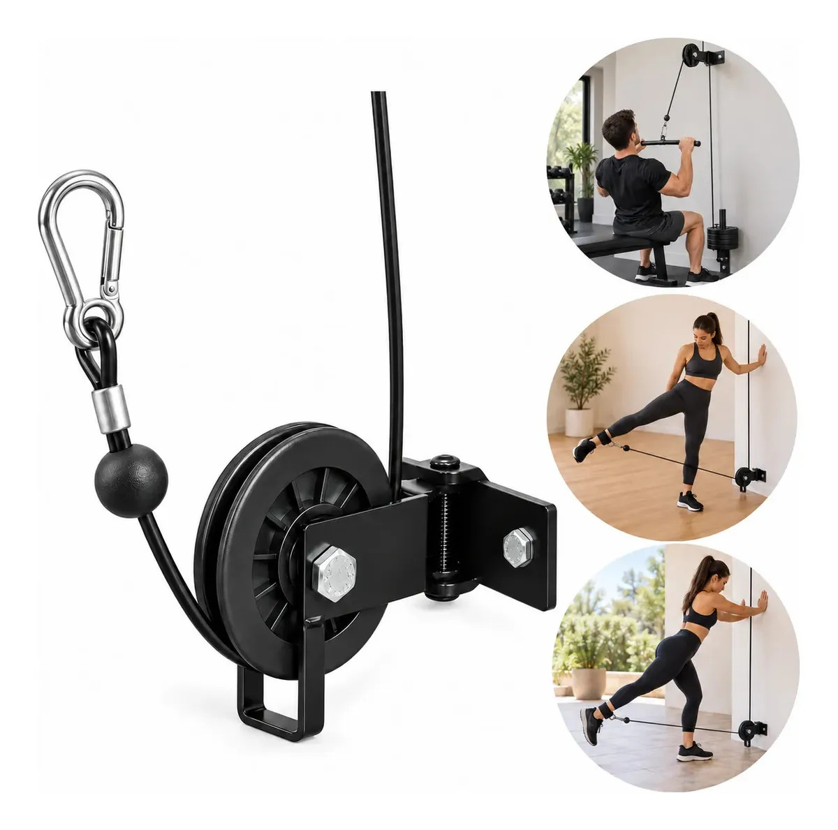 Kit Polia Cabo de Aço 5,3m Roldana Articulada Treino Academia Casa Musculação Crossover Treino Mosquetão Preto