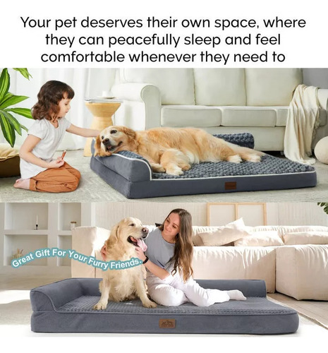 Cama De Espuma Con Memoria Para Perros Grandes 101x81 Cm Con Almohadones Removibles Y Funda Lavable, Para Perros De Hasta 95 Libras - Dos Tonos De Felpa De Piel Sintética Y Gamuza En Forma De L - Gris