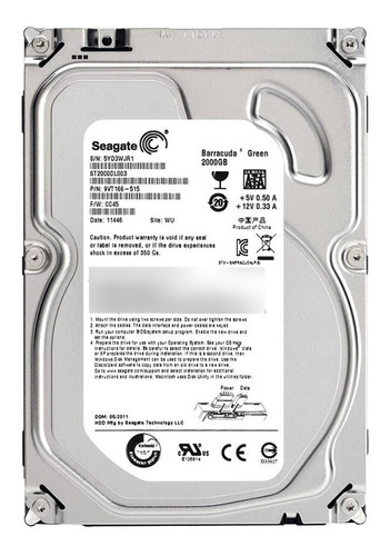 Hd Pc Sata Ill Seagate Barracuda de 2 TB, 5900 rpm, caché de 64 MB, color plateado