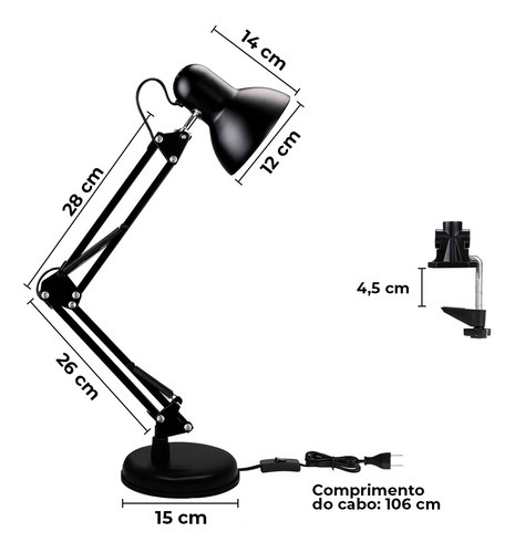 Luminária Articulada De Mesa Bivolt Com Base E Clip