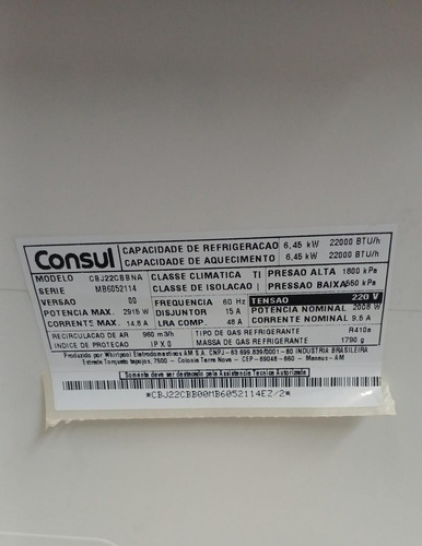 Evaporadora Consul 22000 Btus Inverter Cbj22cbbna Q/f R-410 Branco
