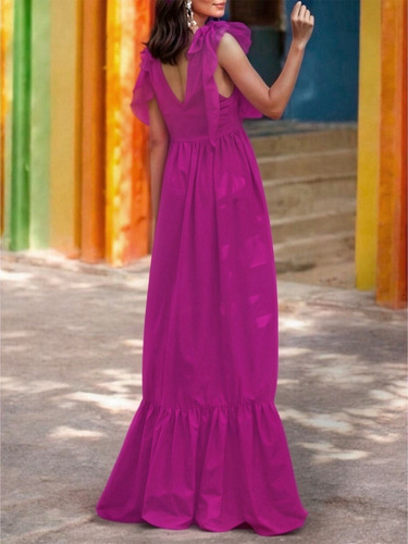 Vestido Largo Escote Cruzado Detalle De Moño En Hombros #81
