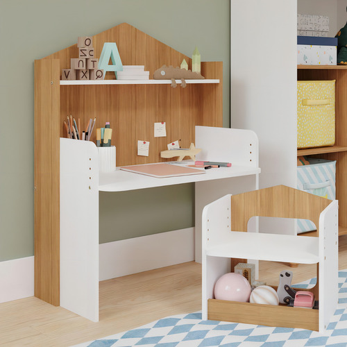 Mesa Infantil Com Banco Casinha Permobili Branco/nature