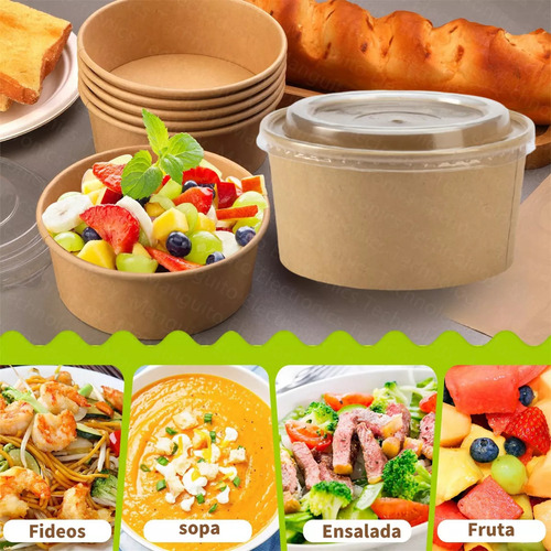 100 Bowls Kraft Contenedores Biodegradables 1000 Ml Con Tapa