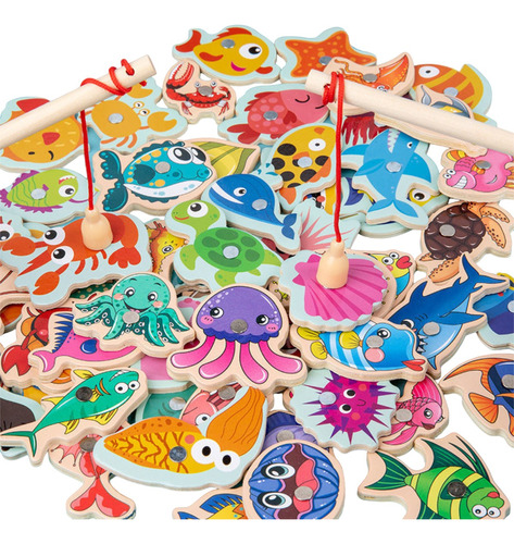 Juego De Pesca Magnetico De Madera 50 Animales Marinos