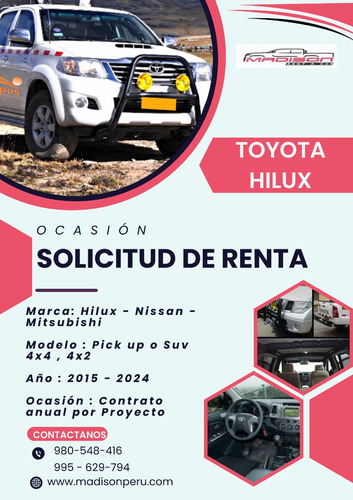 Solicito Alquiler De Camionetas Hilux Para Proyectos