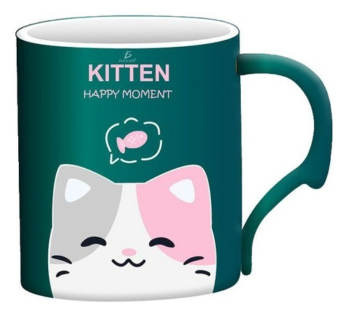 Taza De Cerámica De Distintos Diseños Coloridos 400ml Color Verde Gatito Ele-Gate