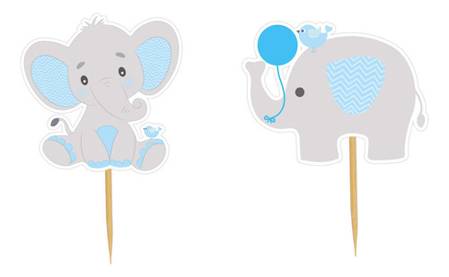 Pick Caketopper Elefantes Baby Shower Decorar 9cm Mylin 12pz Color Azul
