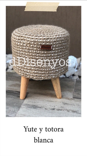 Puff Mini De Yute Y Totora Blanca O Negra Tejido A Mano