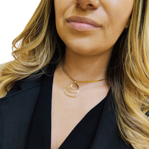 Colar Gargantilha Feminina Choker Tungstênio Trio Coração Cor Dourado
