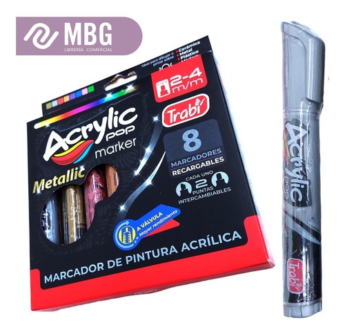 Imagen 2 de 7 de Marcadores Trabi Acrylic Pop 2-4mm Metallic X 8 Unidades