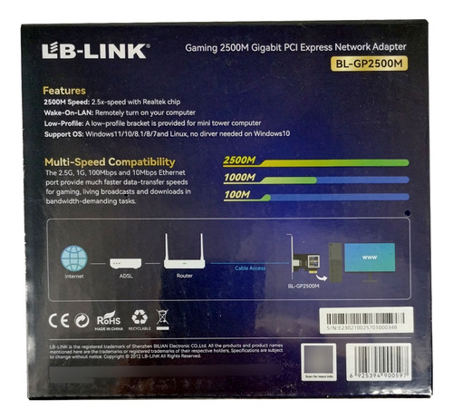 Adaptador Red Wifi Pci Express LB LINK Gigabit Alta Velocidad 2500mbps Color Negro
