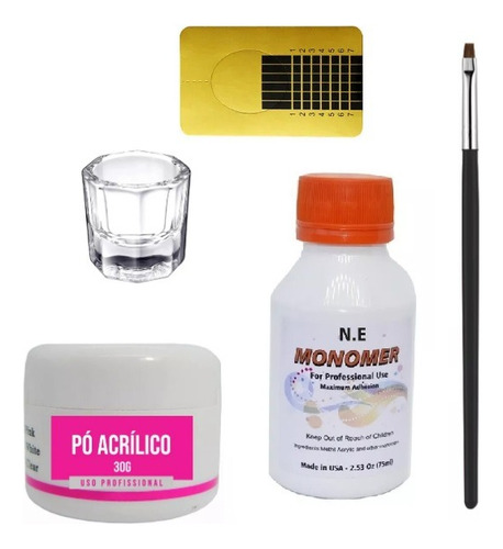 Kit Monomer Pó Acrílico Pincel Copo Dappen Alongamento Unhas