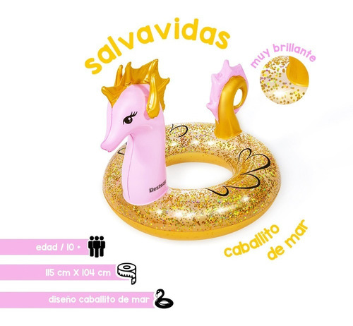 Salvavidas Inflable Caballito De Mar Rosa Con Brillos 115 Cm