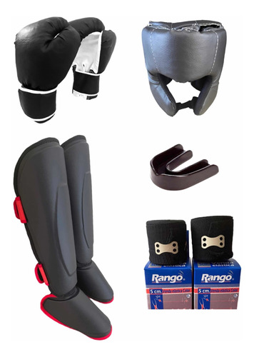 Kit Tibial+guantes Nac+cabezal+bucal Box Kick Boxing Mma