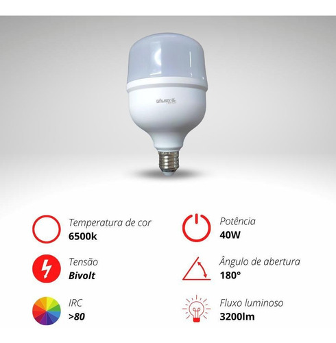 Lâmpada Led 40w Alta Pontência Bivolt E27 Branca Fria 6500k Cor da luz Branco-frio 110V/220V