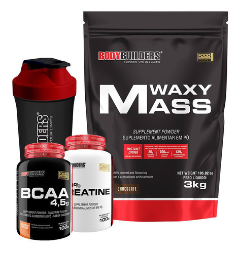 Kit Waxy Mass 3kg Chocolate + Bcaa+creatine + Coqueteleira