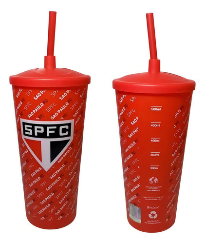 Copo Plastico Com Canudo 500ml Times Futebol - Sao Paulo Fc Cor Vermelho