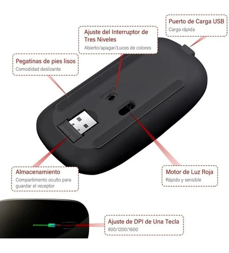Imagen 8 de 10 de Mouse Gamer Inalambrico Raton Con Luz Led Rgb Usb Recargable