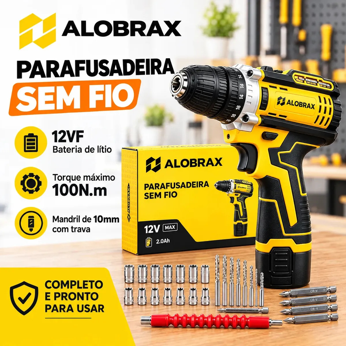 Furadeira Parafusadeira 12V Sem Fio Kit Completo Brocas Bits Soquetes Eixo Flexível Bateria Lítio