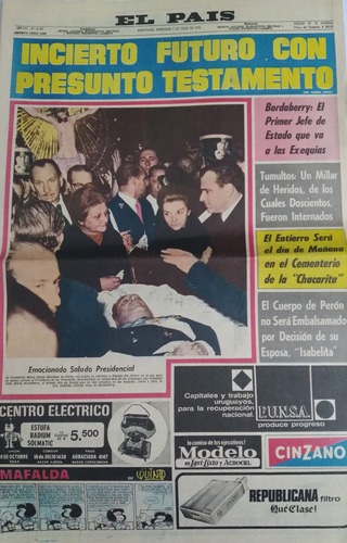 Diario El Pais 3/7/1974 Muerte Peron ,diario Completo