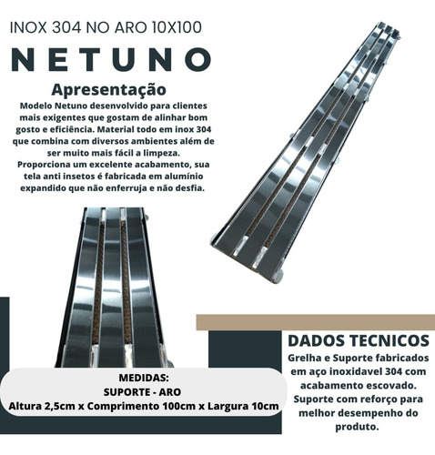 21 Ralos Linear 10x100 Inox 304 Netuno Com Tela Anti Insetto