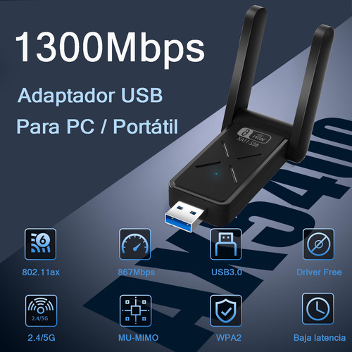 Antena Adaptador Wifi Usb3.0 Dual Band 2.4G 1300mbps