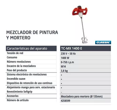 Mezclador Eléctrico de Pintura y Mortero 1400 W Einhell TC MX 1400-2E