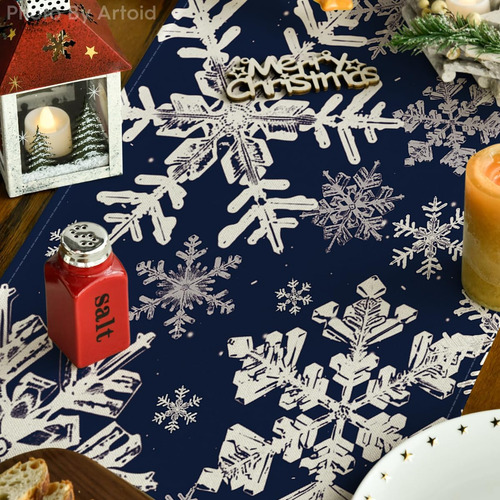 Camino De Mesa Navidad Artoid Copos Nieve Azul Marino Navy Blue Navidad