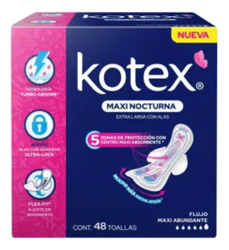 Toallas Kotex Femeninas Maxi Nocturna Con Alas 48 Piezas