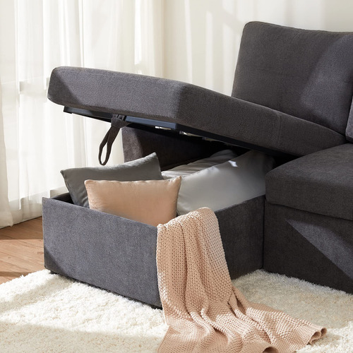 Sofá Cama Extraíble De Lino Gris Con Diván De Almacenamiento