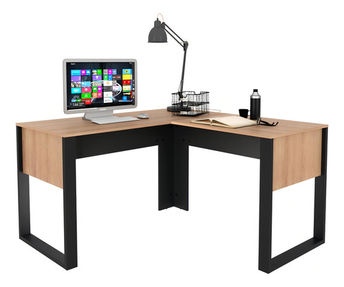 Mesa de esquina de oficina 136 cm Multifurniture Cr25263, color almendra y negro