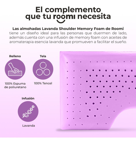Almohada Shoulder Roomi Aromaterapia, Memory Foam 70 X 40 Cm Lavanda