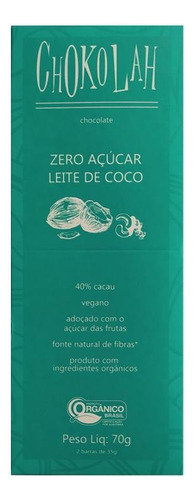 Kit 2x: Chocolate Ao Leite D Coco S/ Açúcar Org Chokolah 70g