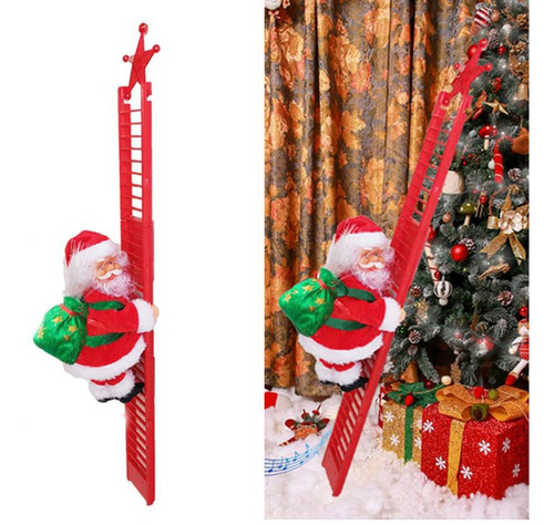 Papá Noel Sube La Escalera Roja Con Un Regalo De Color Crema