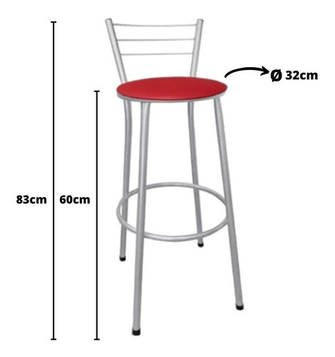 Kit 4 Banquetas Cadeira Prata Média 60cm Para Bar Balcão Acabamento Da Estrutura Lacado Cor Vermelho