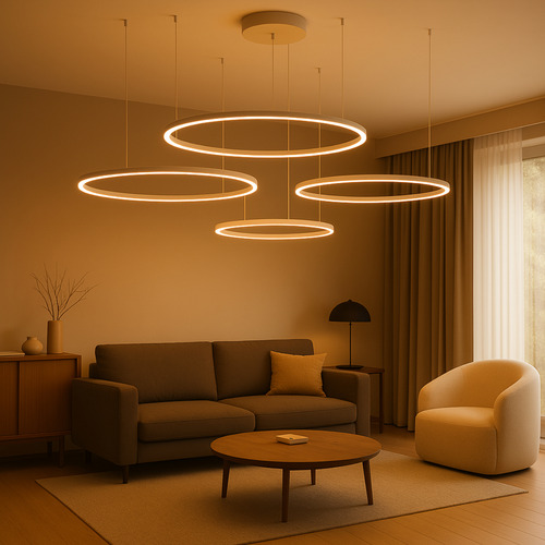 GMH luminária Lustre Pendente Led Moderno Pé Direito Alto 3 metros Hall Aneis Led Estrutura Branco