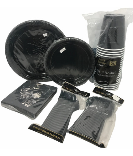 Súper Kit Negro Desechables P 20 Platos Vasos Servilleta Cub