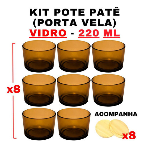 Kit 8 Potes De Vidro Patê Ambar Translúcido Com Tampa 220ml Porta Vela