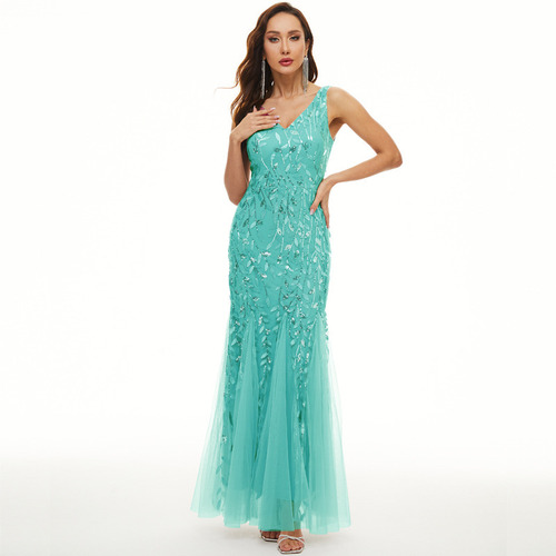 Embroidered Sequins Banquet Light Luxury Gown Mesh