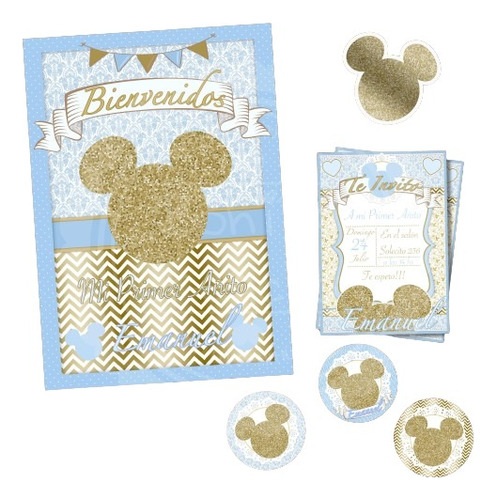 Kit Imprimible Mickey Dorado -cumple/candy Bar/ Baby Shower-