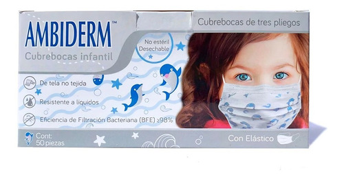 Ambiderm Cubrebocas Tricapa Plisado Caja C/50pzs Para Niños Color Blanco Con Delfines