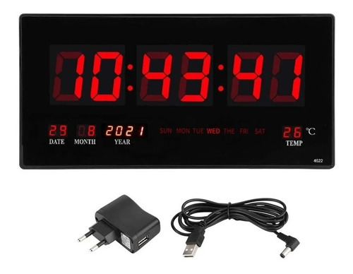 Reloj Digital Pared Luz Led Hora Fecha Temperatura 47x23cm 