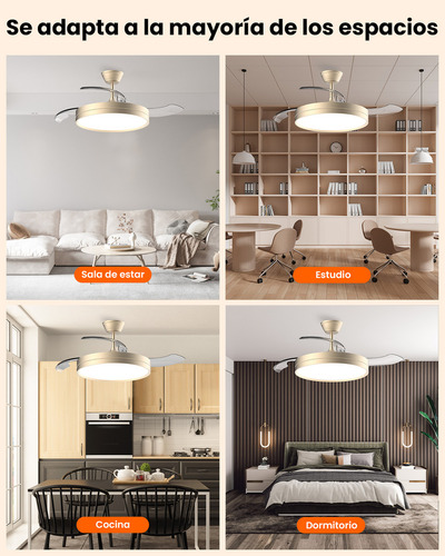 Ventilador de Techo Dorado Retráctil 42" con Luz LED de 3 Tonos, Motor DC Silencioso, 6 Velocidades, Control Remoto, Aspas Invisibles, Reversible para Verano e Invierno, Diseño Moderno Interior