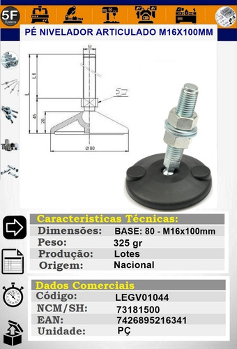 Imagem 1 de 4 de Pé Nivelador Articulado - Base Ø100mm - M16 X 80mm